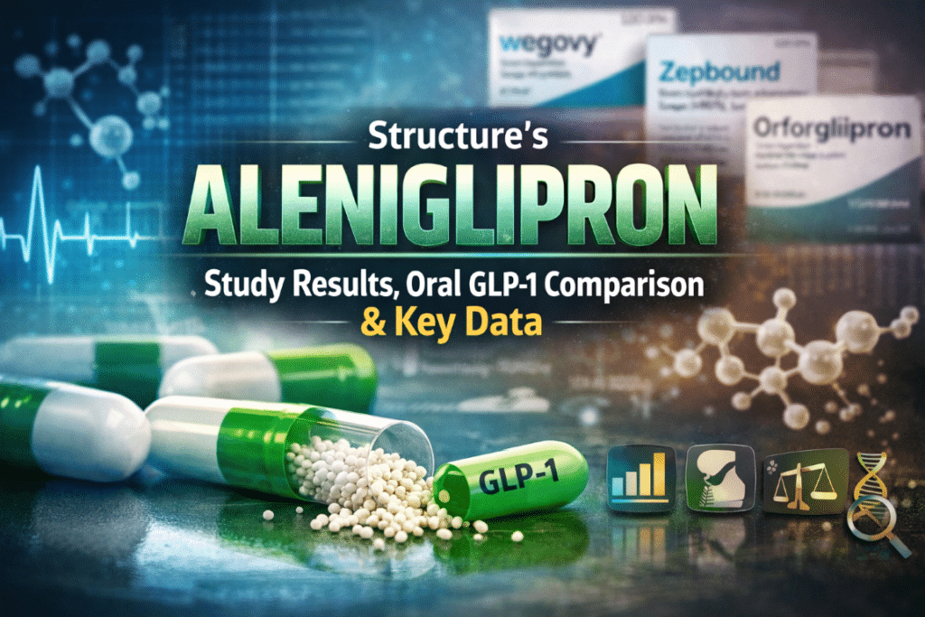 Feature image for Structure’s Aleniglipron showing oral GLP-1 capsules, study results graphics, and comparison to Wegovy, Zepbound, and orforglipron