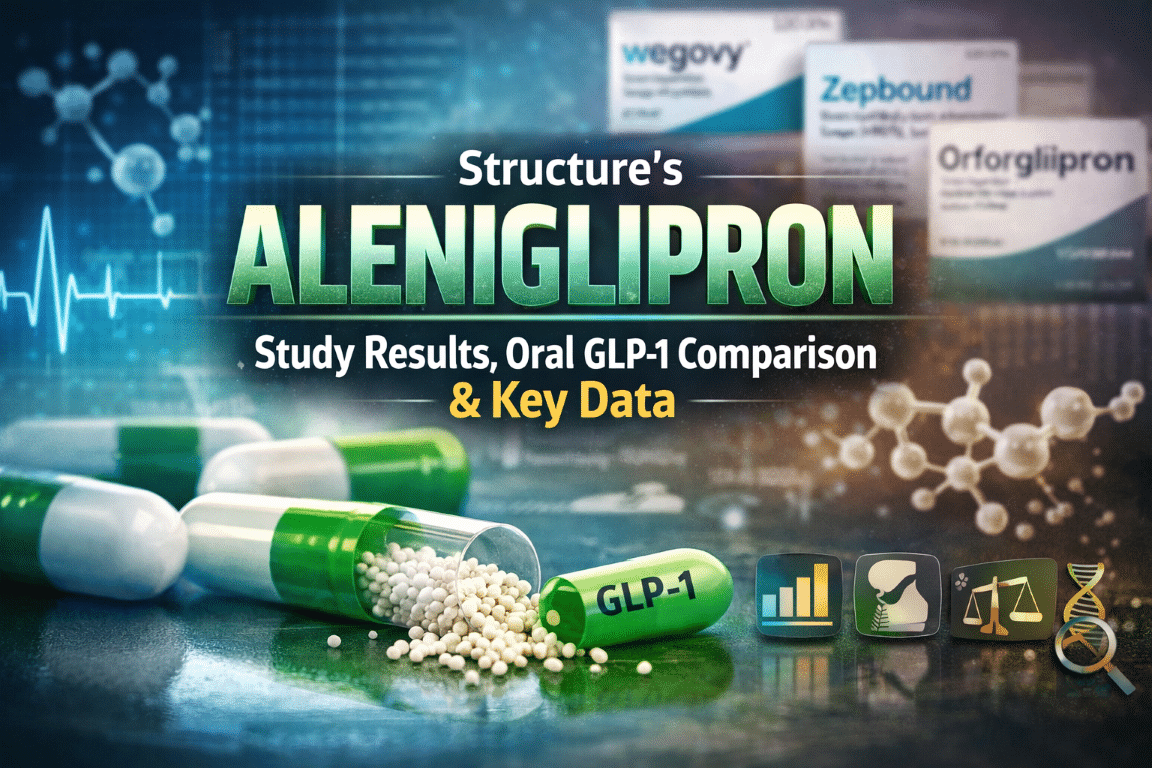 Feature image for Structure’s Aleniglipron showing oral GLP-1 capsules, study results graphics, and comparison to Wegovy, Zepbound, and orforglipron