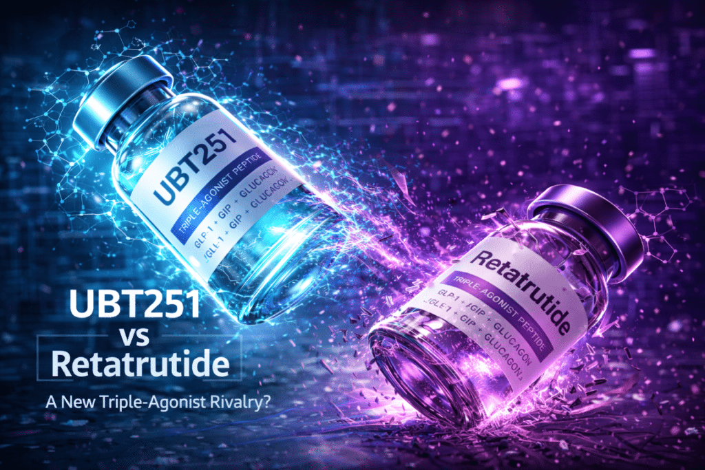 UBT251 vs Retatrutide triple agonist GLP-1 GIP glucagon peptide comparison
