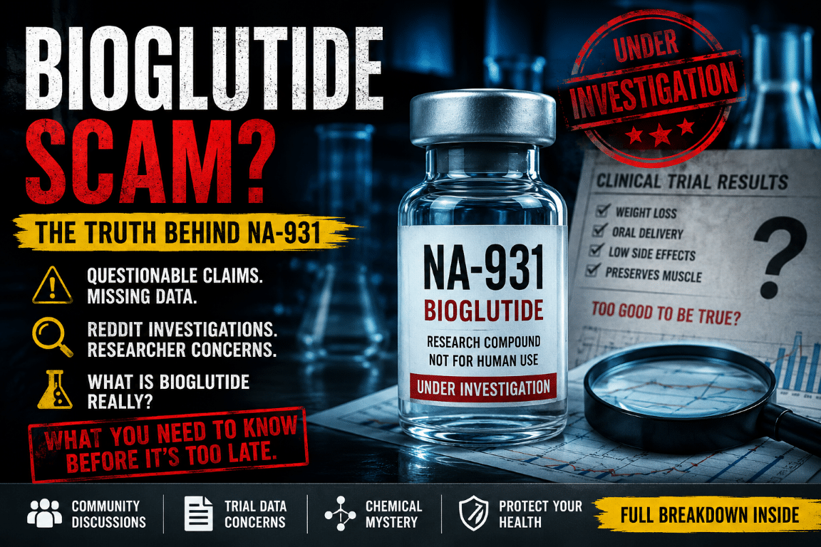 Bioglutide NA-931 controversy article showing research vial, investigation graphics, clinical trial concerns, and scam allegations