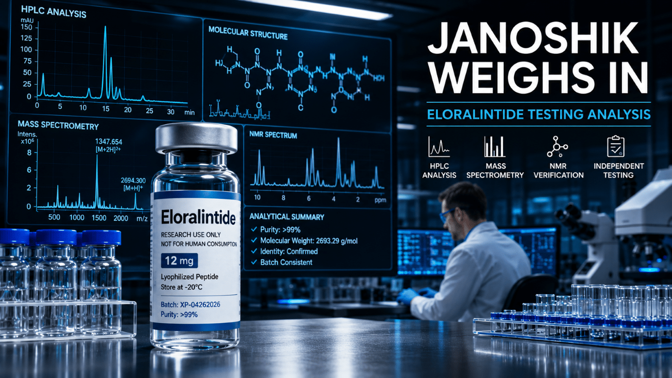 Janoshik Analytical Eloralintide testing analysis showing HPLC, mass spectrometry and NMR verification of research-grade Eloralintide peptid