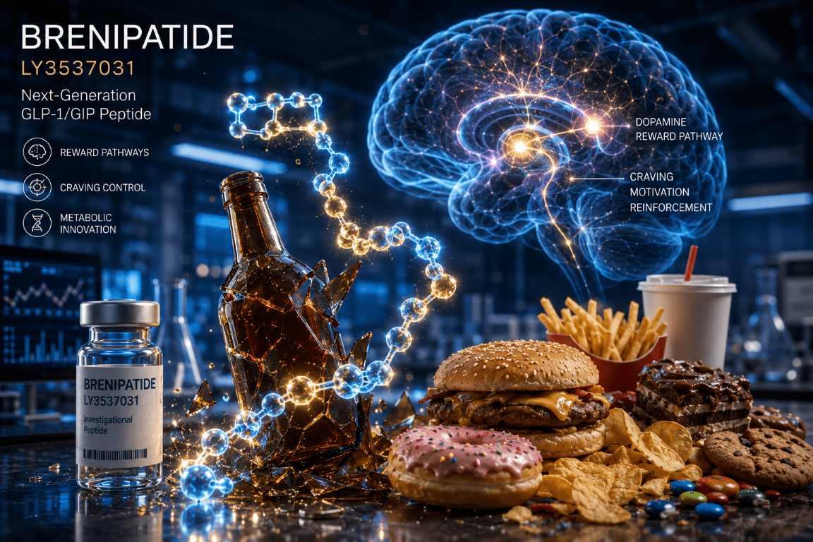 Brenipatide LY3537031 peptide illustration showing GLP-1 research targeting weight management, alcohol cravings, reward pathways, and metabolic health