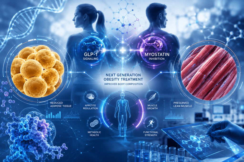 Myostatin inhibitors combined with GLP-1 therapy may help improve body composition by promoting fat loss while preserving lean muscle mass during weight-loss treatment.
